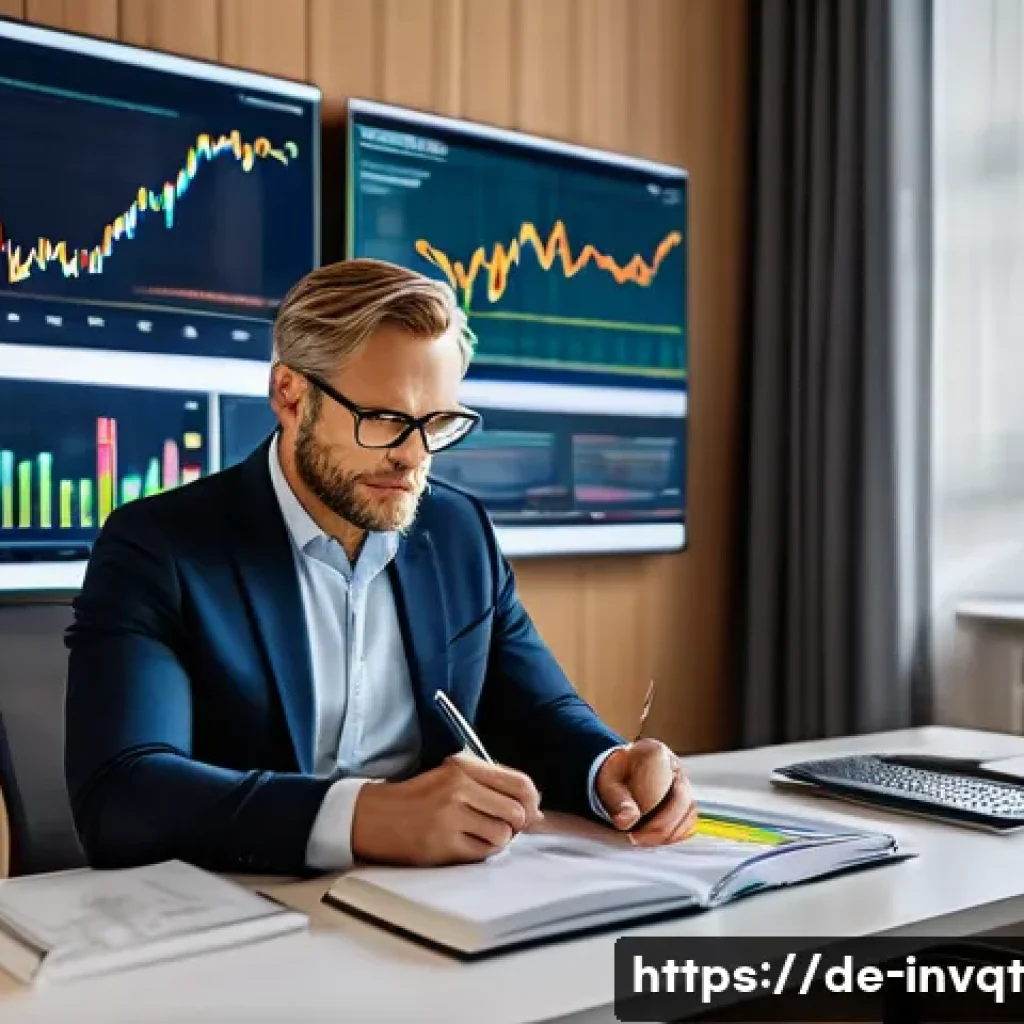 리스크 성향에 따른 투자 리서치 방법 - A professional German investor’s modern home office scene during daytime, with multiple large screen...