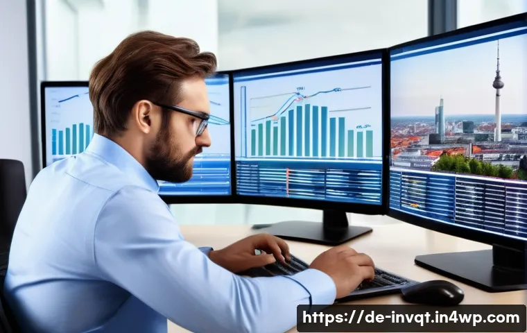 리스크 성향에 따른 투자 성과 비교 - A professional German investor in a modern office setting, analyzing diverse financial charts and da...
