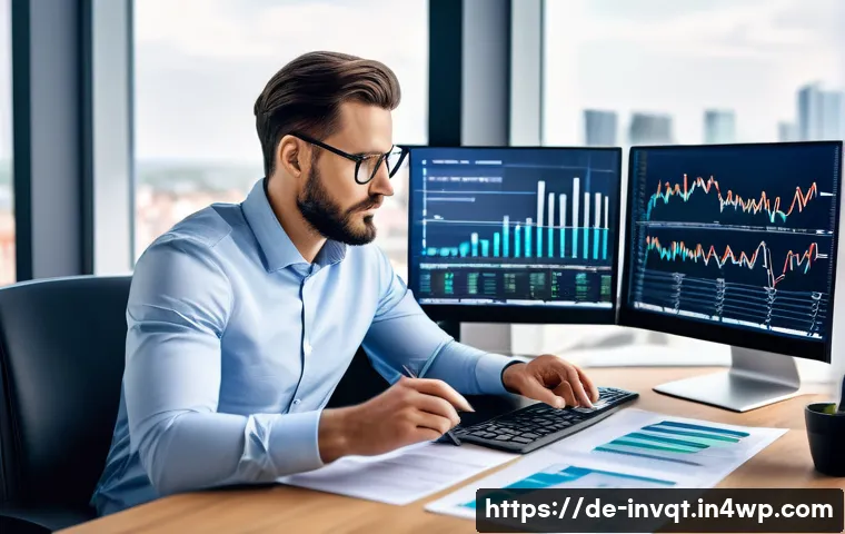 투자 성향별 세금 전략 - A professional German investor sitting at a modern desk in a bright office, analyzing financial char...