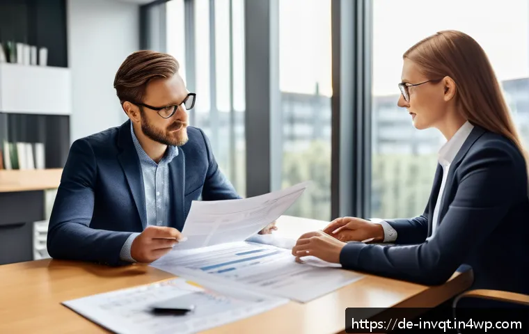 리스크 성향에 따른 보험 상품 추천 - A professional German office setting with a mid-30s man and woman discussing insurance options at a ...