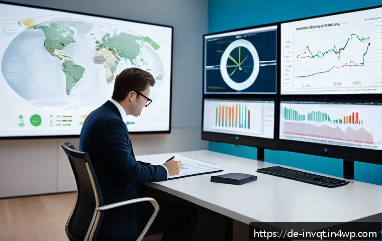 리스크 성향에 따른 글로벌 투자 전략 - A sophisticated office scene showing a diverse group of German investors analyzing global market tre...